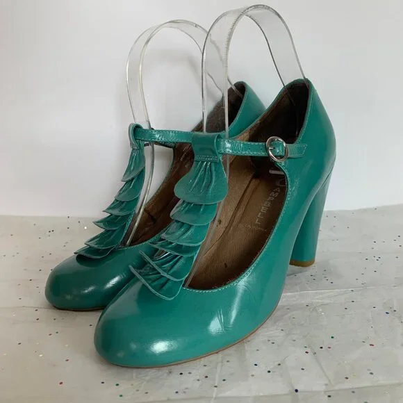 Jeffrey Campbell Y2K Frill Teal Blue Green Ruffle T strap Retro Inspired Pump 7 - Picture 5 of 10